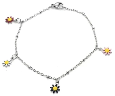 Pulsera de Acero Quirurgico eslabon  espejito con micro bolitas y dijes margaritas 19cm